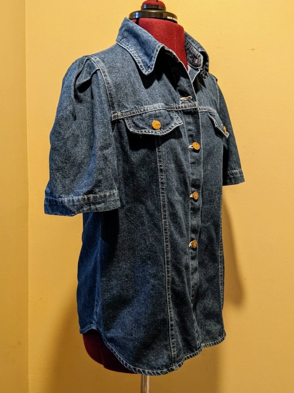 Vintage Denim Shirt Puff Sleeve Button Front Short Sleeve Acid Wash Western Top